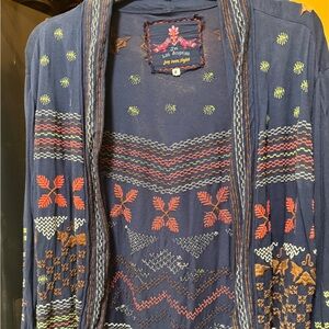 Johnny Was blue multicolor Cardigan Embroidered 
Sz S approx 33” long pre loved